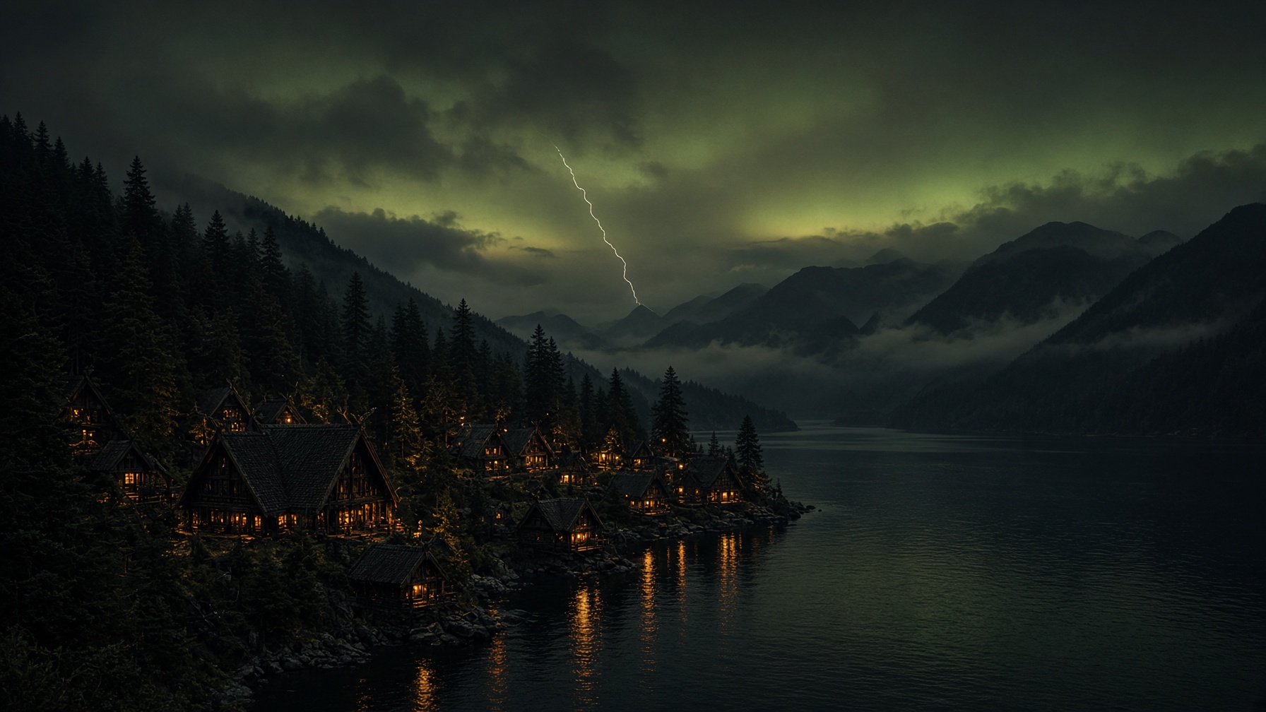 Asgardian Village under aurora on a Pacific fjord